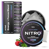 Nitro Nootropic Pouches - Energy + Focus - 100mg Caffeine, Alpha GPC, Cognizin&reg; Citicoline, L-Theanine, Vitamin B12 - No Sugar, Nicotine-Free - 20 Pouches Per Can - 5 Pack - Berry Mint