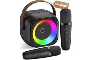 Mini Karaoke Machine, Portable Bluetooth Karaoke Speaker with 2 Wireless Microphones and Party Lights for Kids and Adults, Bi