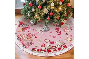 ROVOZAR Valentine's Day Tree Skirt 36 in, Pink Gnome Hearts Christmas Tree Skirt, Valentine's Day Ornament for Tree Mat, Pink Truck Valentine's Decorations for Home Holiday Anniversary Engagement Party Decor