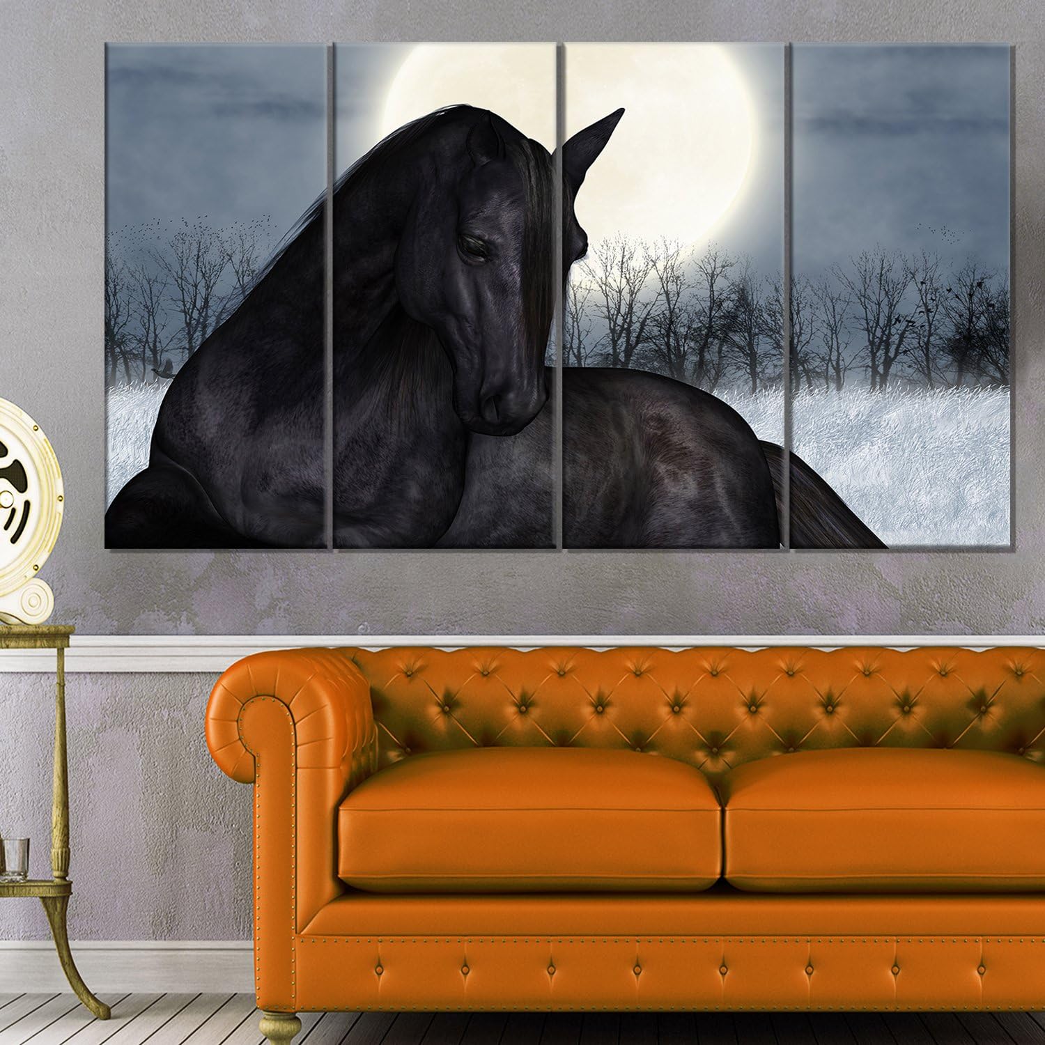 Designart Black Horse in MoonlightExtra Large Animal Metal Wall Art