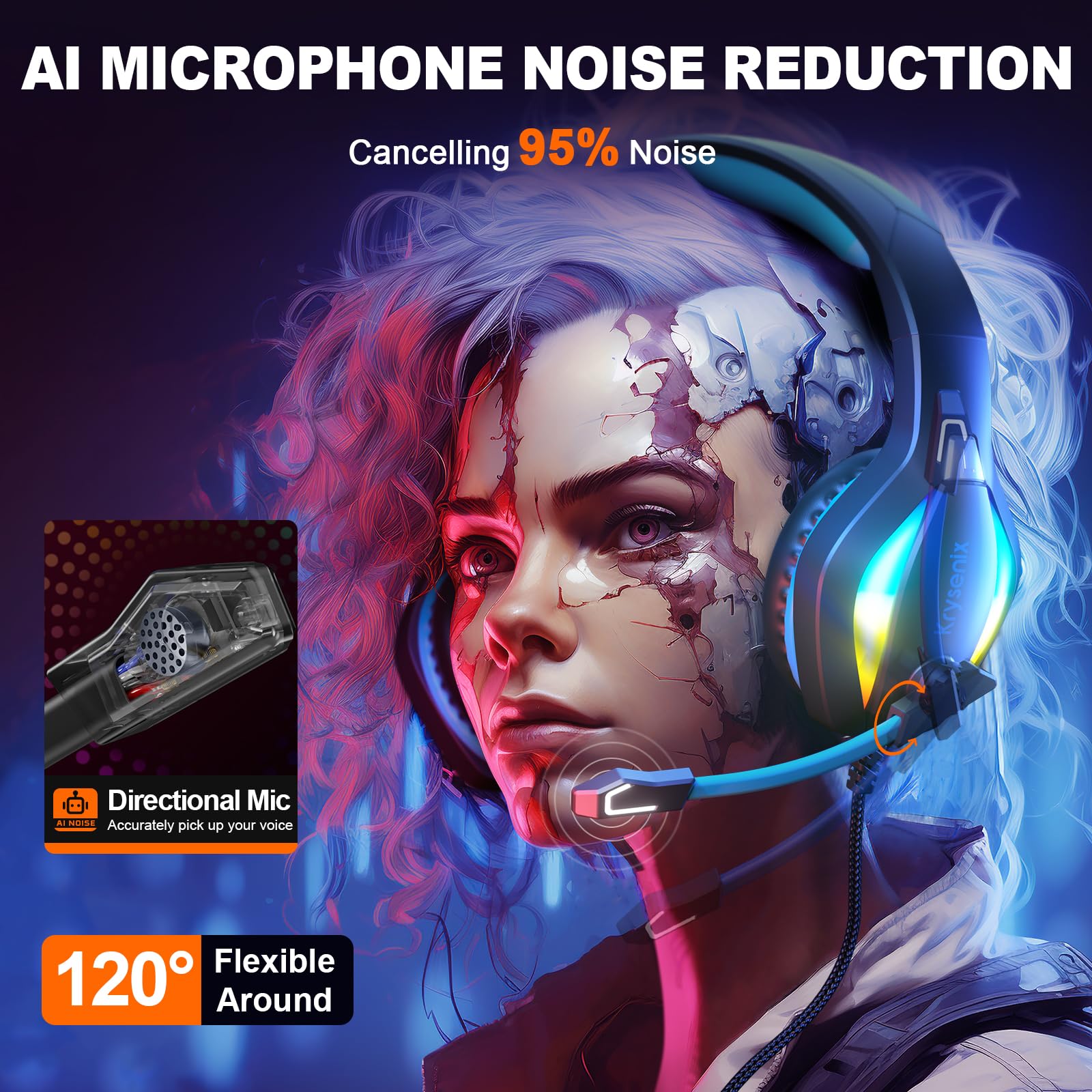 Krysenix PG1 Gaming Headset for PS4, PS5, PC, Switch, Xbox, Gaming Headphones with AI Stereo Microphone Sound, Computer Headset with 3.5mm Jack & RGB Light