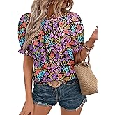Spriolim Women's Summer Casual Shirt Ruffle Crewneck Short Sleeve Top Off Shoulder Loose Blouses