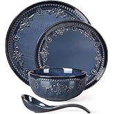 Artena 4-Piece Handcrafted Ceramic Dinnerware Set, Service for 1 &ndash; Reactive Glaze Embossed Plates, Bowls &amp; Soup Spoons Included, Dishwasher &amp; Microwave Safe, Blue, Damask Floral