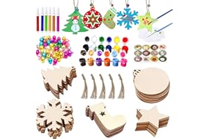 VLUSSO 50Pcs Unfinished Wooden Christmas Ornaments 5 Styles Tree Ornaments Decorations - DIY Arts and Crafts Christmas Crafts for Kids with 50 Colorful Bells 6 Color Pens 2 Color Paint Set