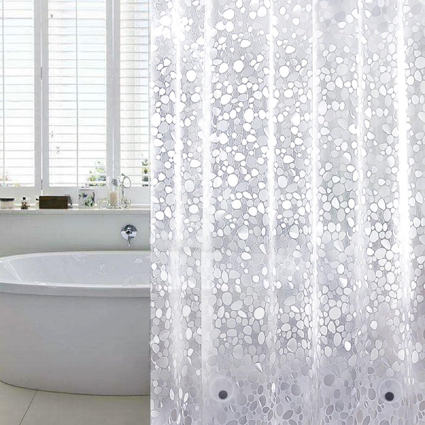 WELTRXE Shower Curtains Mould Proof Mildew Resistant, Waterproof Shower Curtain Liner, 3D Effect Clear Pebble EVA Bath Curtain with 3 Magnets, Heavy Duty Bathtub Curtains with 12 Hooks, 183 x 183cm