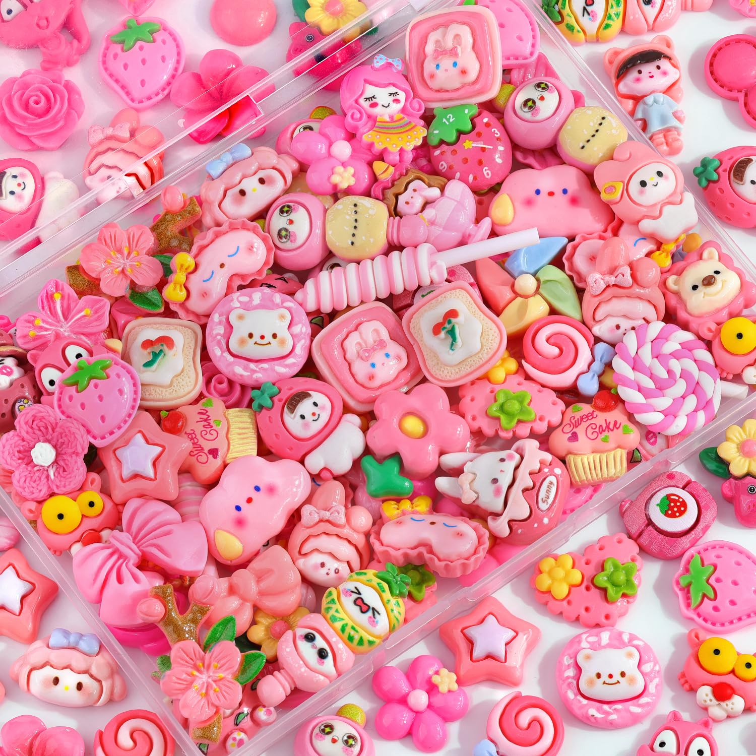 60Pcs Rose Pink Slime Charms Assorted Cute Decoden