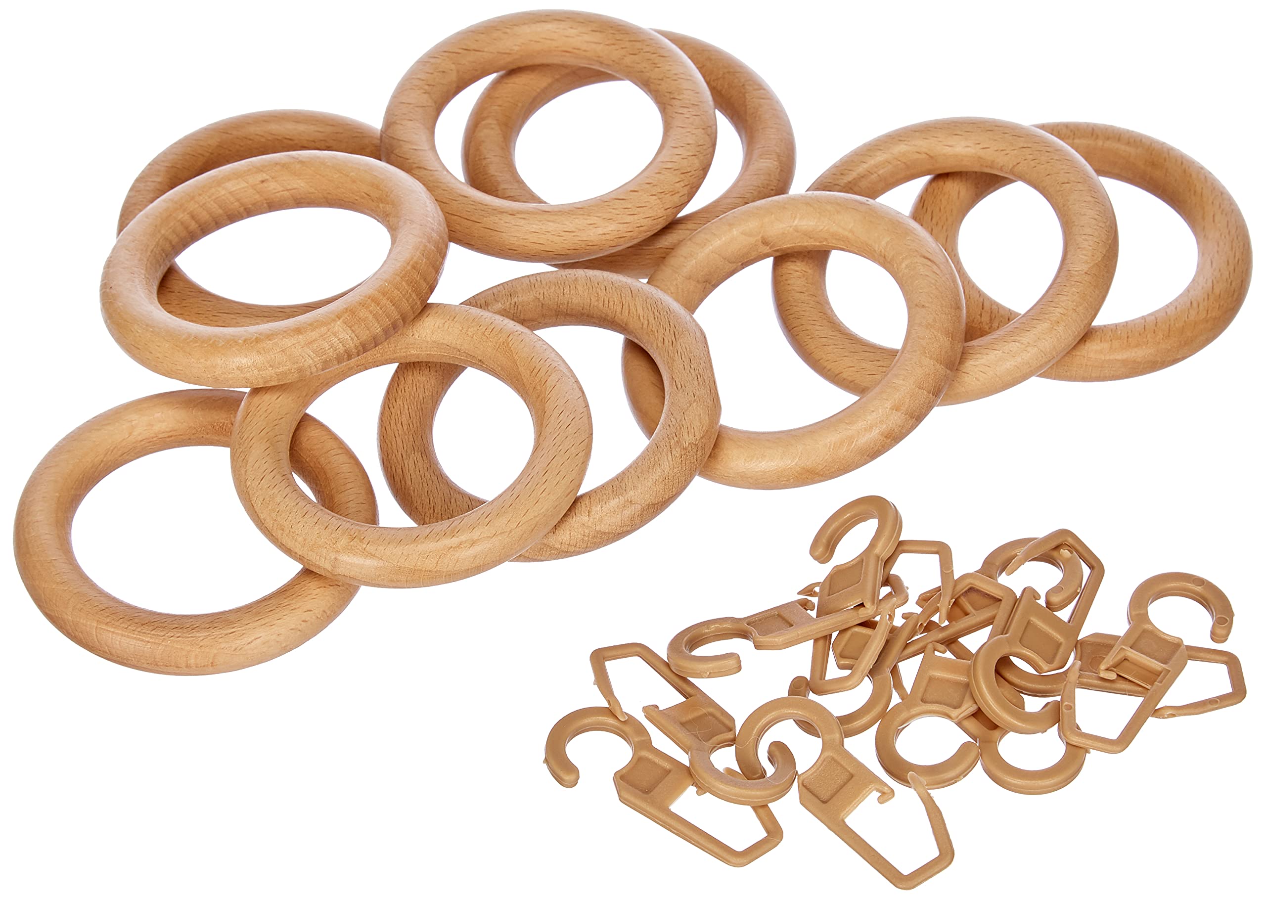 GARDINIA Curtain Rings for Curtain Rods Diameter 28 mm with Curtain Hooks Pack of 10 Ring Width 9 mm Wood Natural