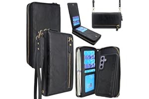 Lacass Wallet for Samsung Galaxy S24 6.2 inch 2024, Crossbody Dual Zipper Detachable Magnetic Leather Wallet Case Cover Wristlets Wrist Strap 13 Card Slots Money Pocket (Black)