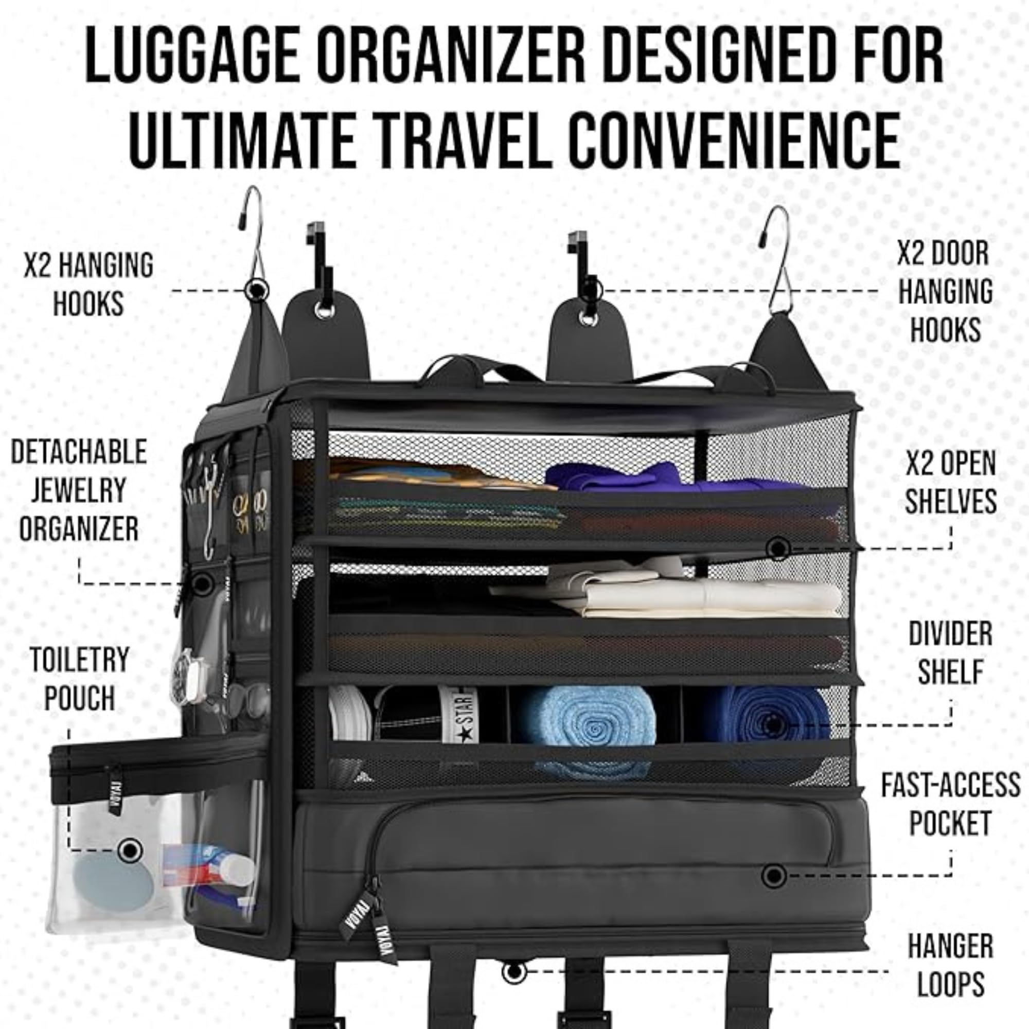 Voyaj Hanging Suitcase Organizer for Travel - Carry on Closet Suitcase, Hanging Luggage Organizers, Travel Organizer - Easily Fits Carry On Luggage for Wrinkle Free Packing