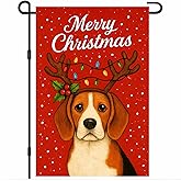 BlissYard Christmas Garden Flag 12x18 Inch Welcome Beagle Dog Outdoor Flag Double Sided Holiday Puppy Yard Banner with Antlers and Holly for Porch Lawn Patio