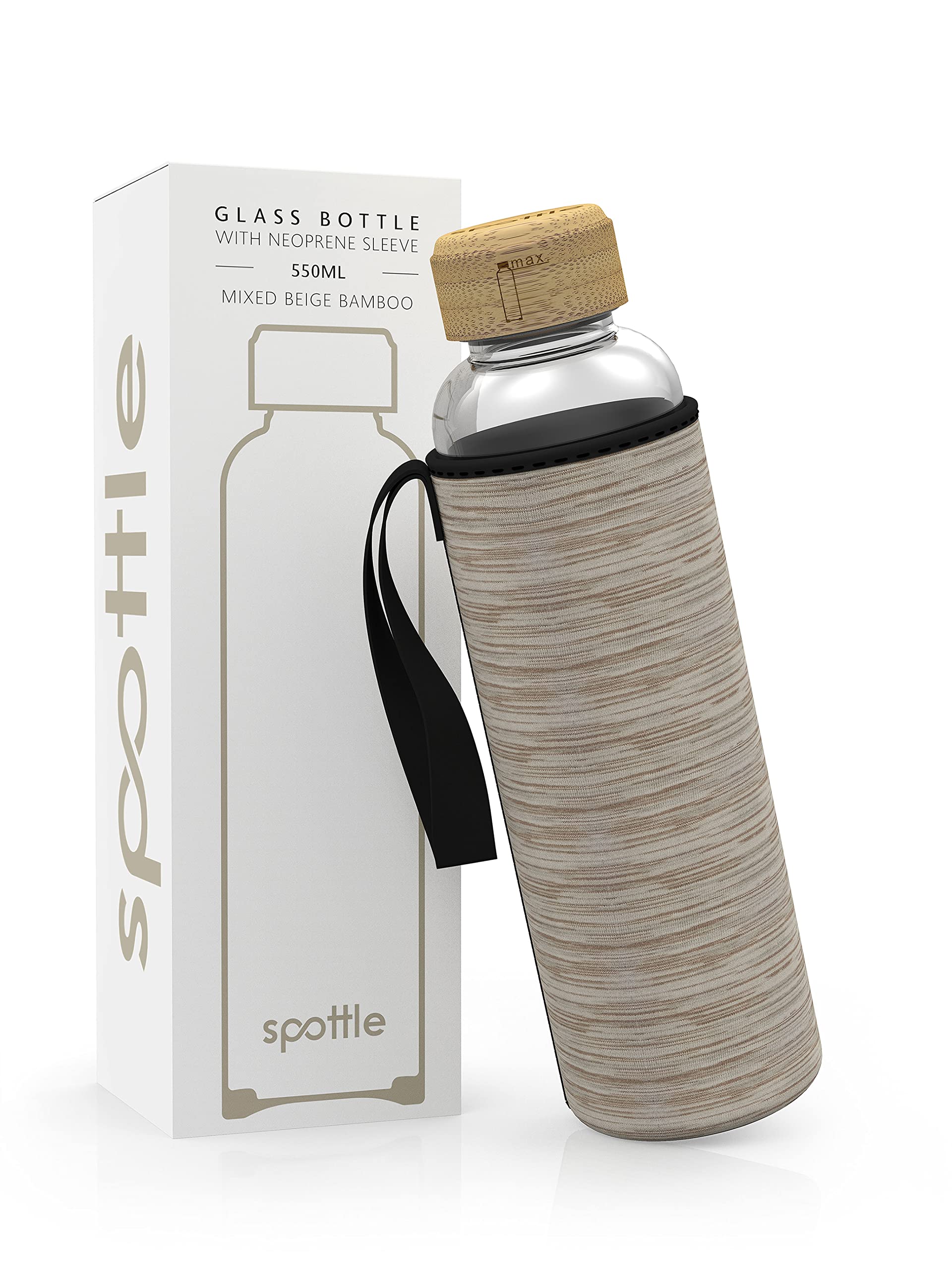 spottle Glass Water Bottle with Neoprene Sleeve, Borosilicate Drinking Bottle - Dishwasher Safe, Suitable for All Beverages, BPA free, 550ml