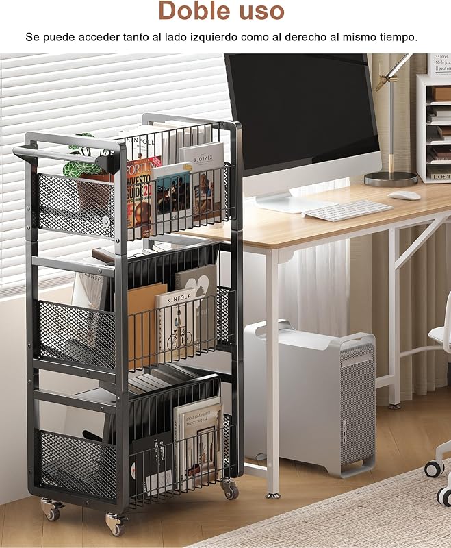 Librería con Ruedas 3 Niveles, Estantería Metálica Móvil, Negro