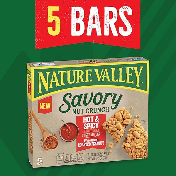 NATURE VALLEY SAVORY NUT CRUNCH BARS, HOT AND SPICY CRISPY NUT BAR, 5 BARS, 4.45 OZ