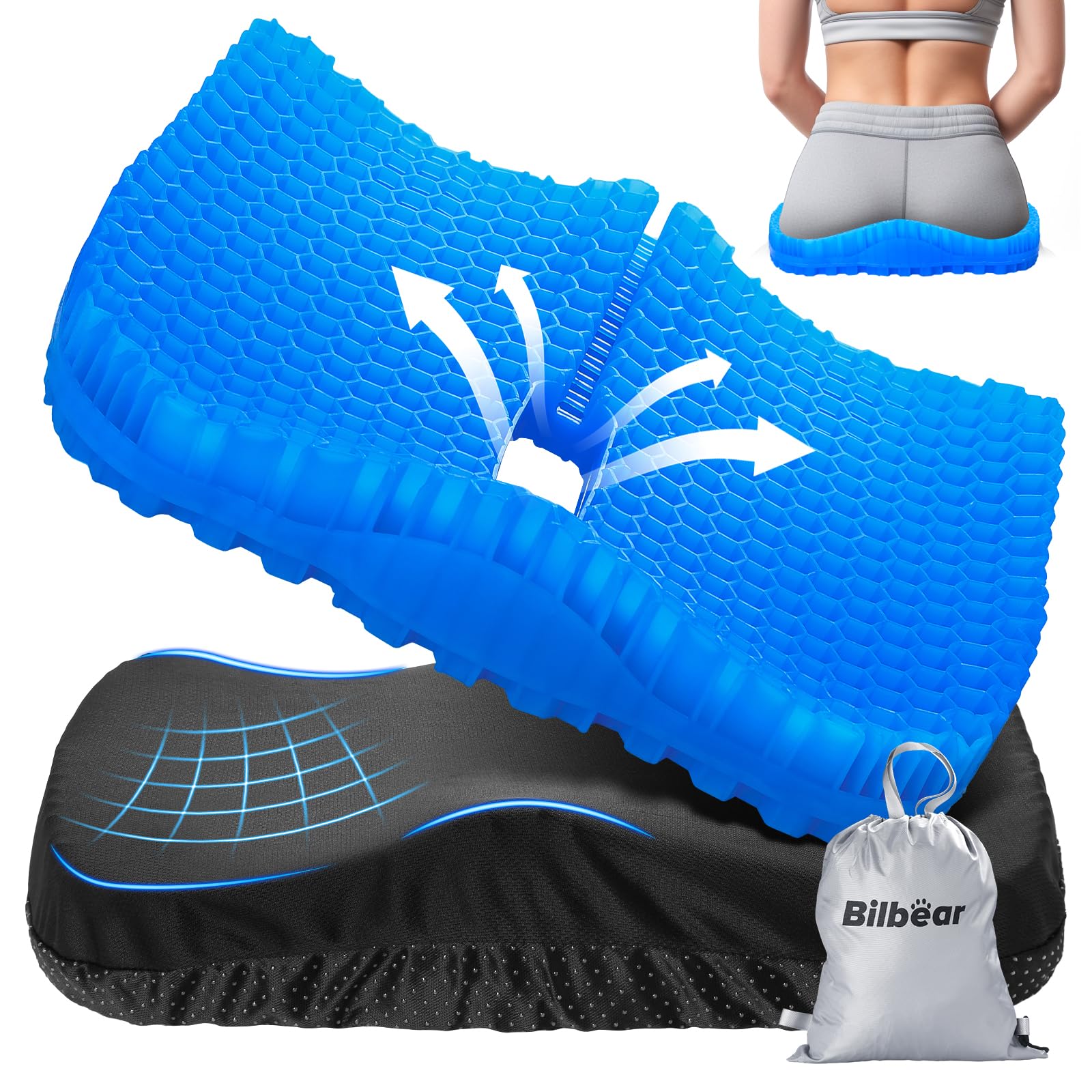 Bilbear Thicker Gel Kayak Seat Cushion,Large Gel Seat Cushion Seat Pad for Kayaks Paddling Boat,Coccyx Sciatica Pain Relief, Double Thicken Seat Cushion for Home,Car,Wheelchair,Office Chair (Blue-L)