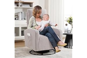 HOMYKA Glider Rocking Chair Nursery, 360° Teddy Swivel Rocker Chair for Nursery, Upholstered Glider Nursing Chair with High Back and Side Pocket, Swivel Armchair for Living Room, Bedroom, Grey