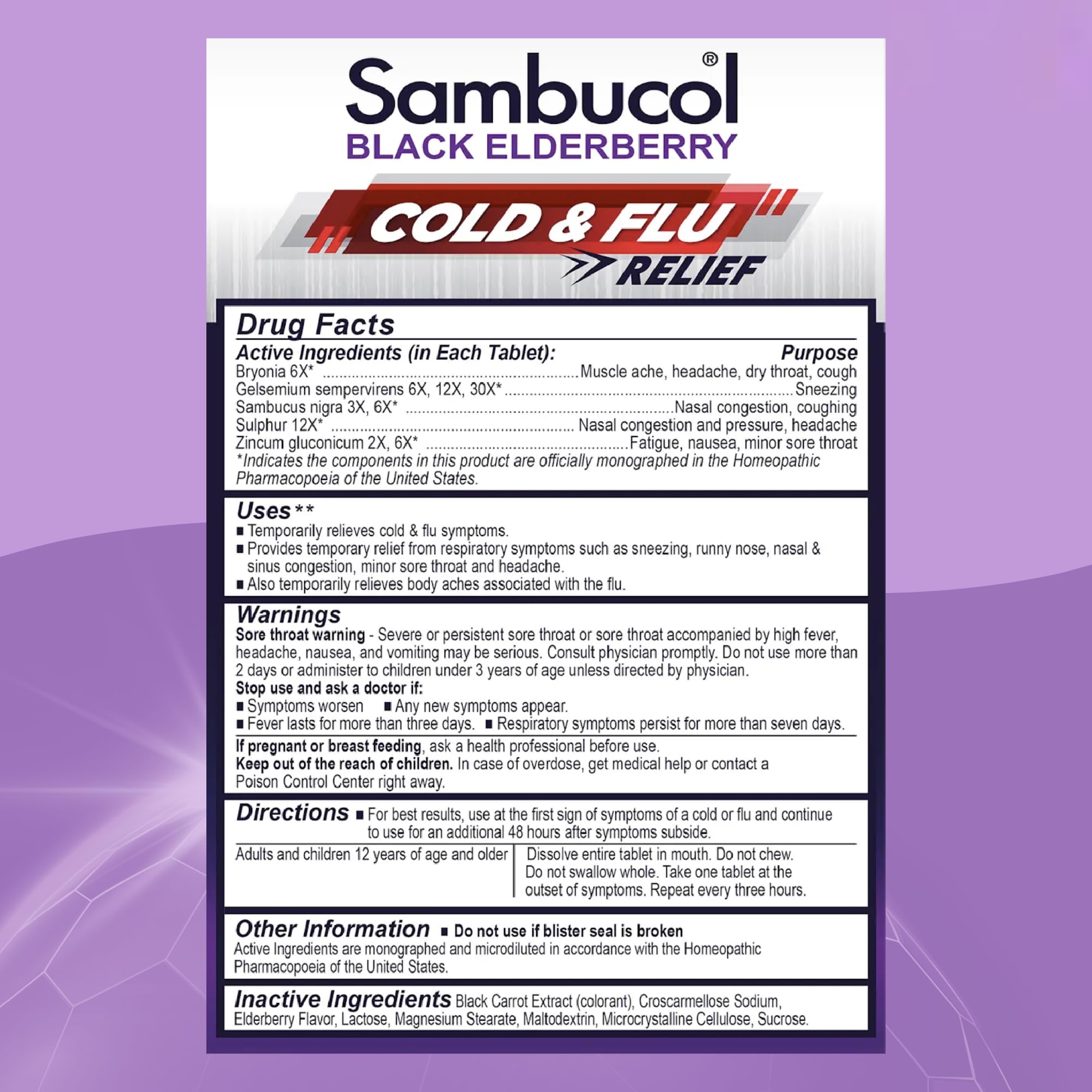 Sambucol Cold and Flu Relief Tablets - Homeopathic Cold Medicine, Cold Remedy for Adults, Black Elderberry for Colds, Zinc Cold Remedy - 60 Count