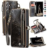 Defencase for Galaxy S25 Case Wallet with RFID Blocking Card Holder for Women Men, Elegant Leather Magnetic Snap Flip Wristlet Strap Zipper Wallet Phone Cases for Samsung Galaxy S25 5G 6.2", Coffee