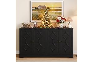 RoyalCraft Sideboard Buffet Cabinet, 56" Modern Credenza with 4 Doors and Adjustable Shelves, Wood Accent Cabinet Console Media for Entryway, Living Room, Kitchen, Satin Black