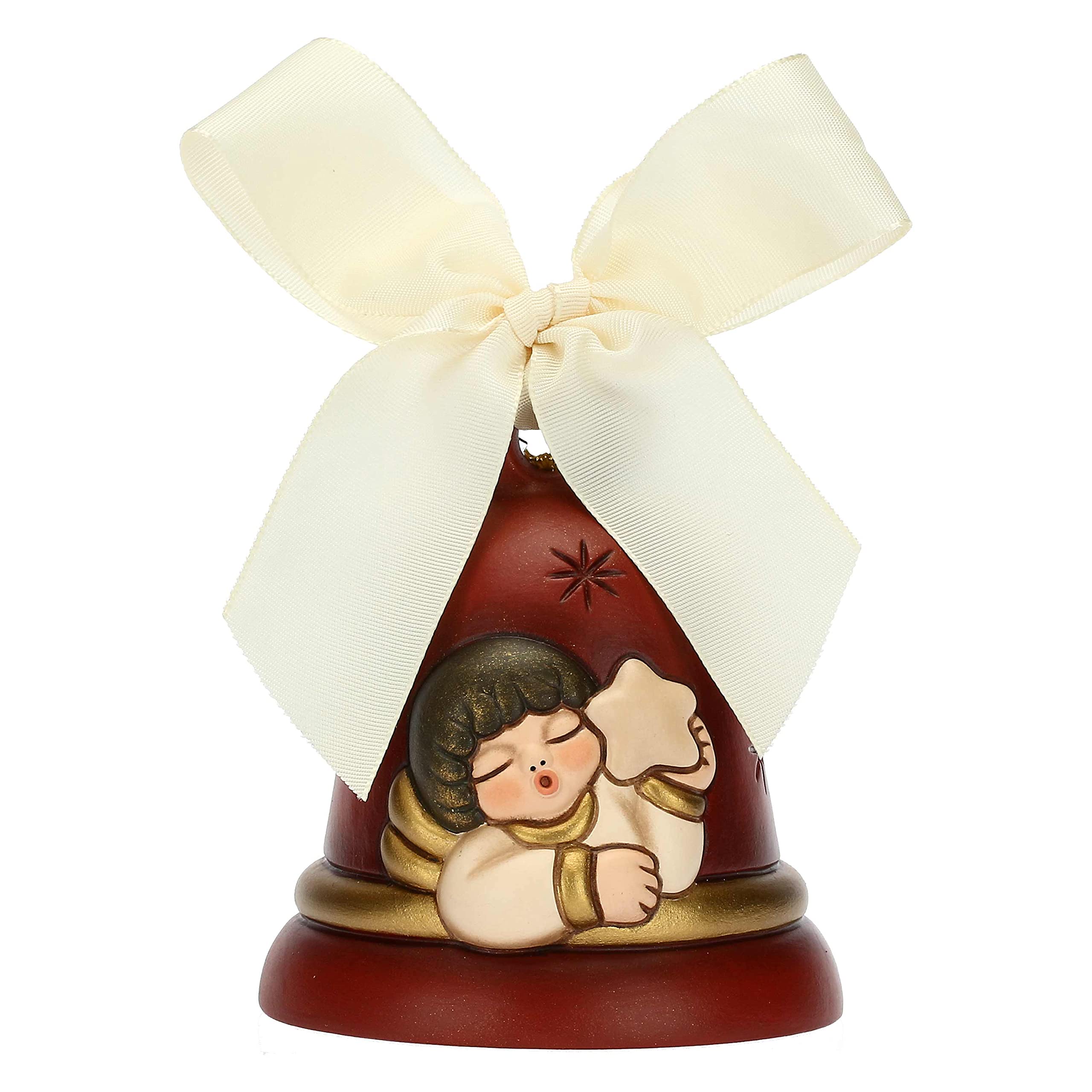 THUN - Limited Edition 2022 - Red Ceramic Bell Decorated by Hand with Iconic Angel with Star Idea 2022 - Diameter 7 cm, 8 cm H