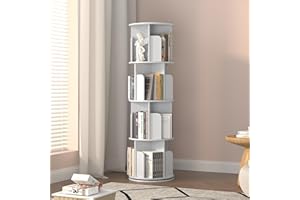 Rotating Bookshelf 4 Tier Tower, Round Spinning Bookcase 360° Revolving, MDF Kids Bookshelf with Adjustable Shelves for Small