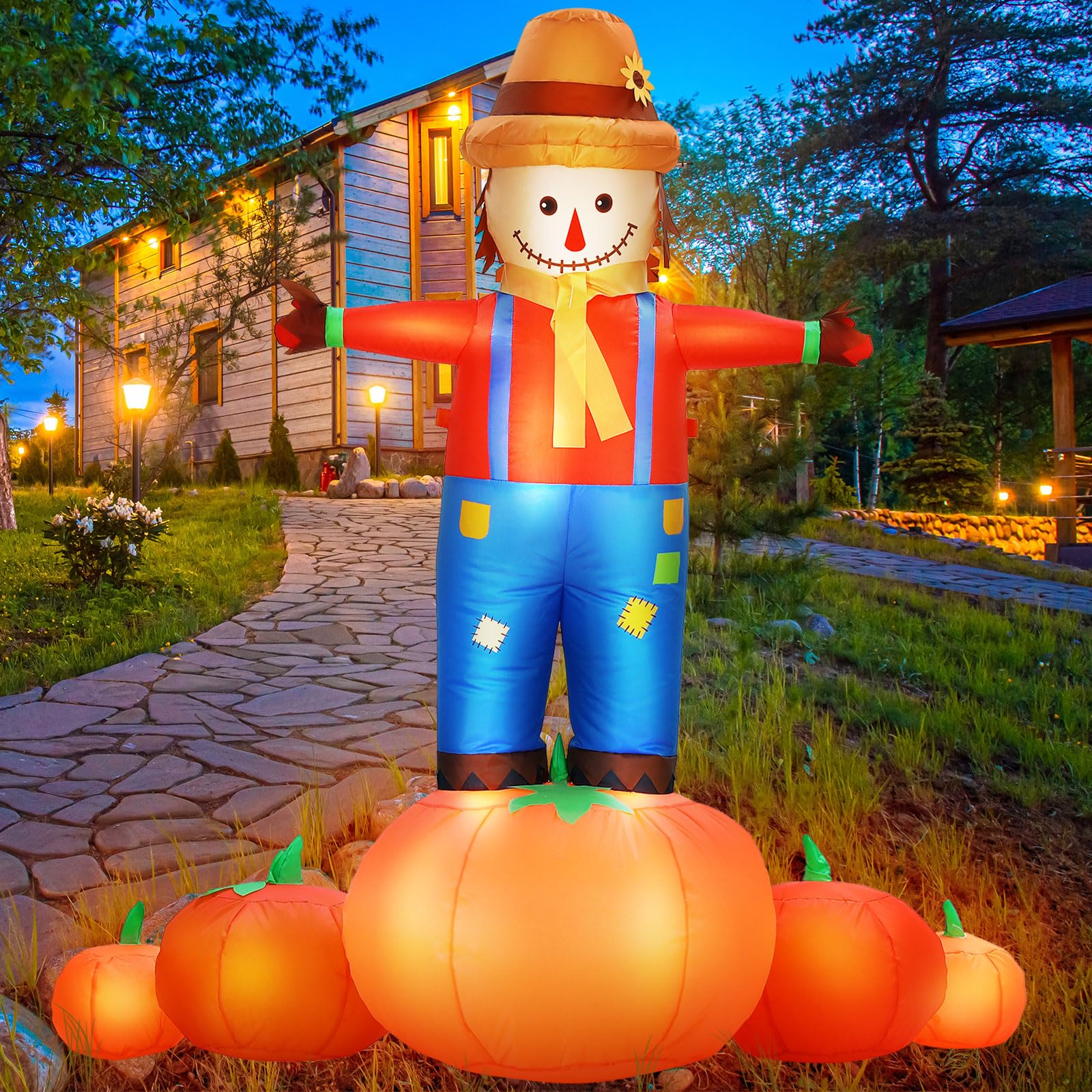 Photo 1 of Bencailor 4.7 Ft Fall Inflatables Scarecrow Outdoor Decorations Autumn Blow up Scarecrow Pumpkin with Built in LED Lights for Thanksgiving Yard Lawn Garden Home Decor