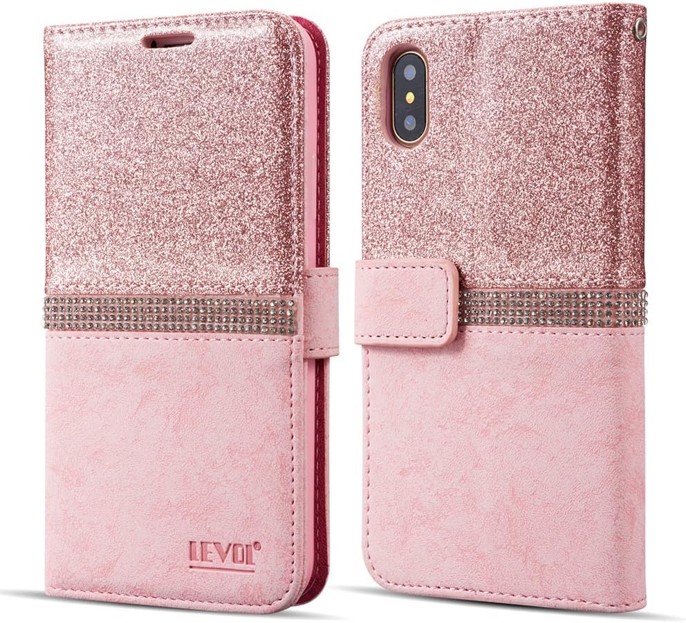 LEVOL Glitter Case for iPhone XS Max 6.5 inch,Bling Glitter Diamond Folio Leather Wallet Case with [Kickstand] [Card Slots] [Magnetic Closure] Flip Case for iPhone XS Max [Rose Gold]