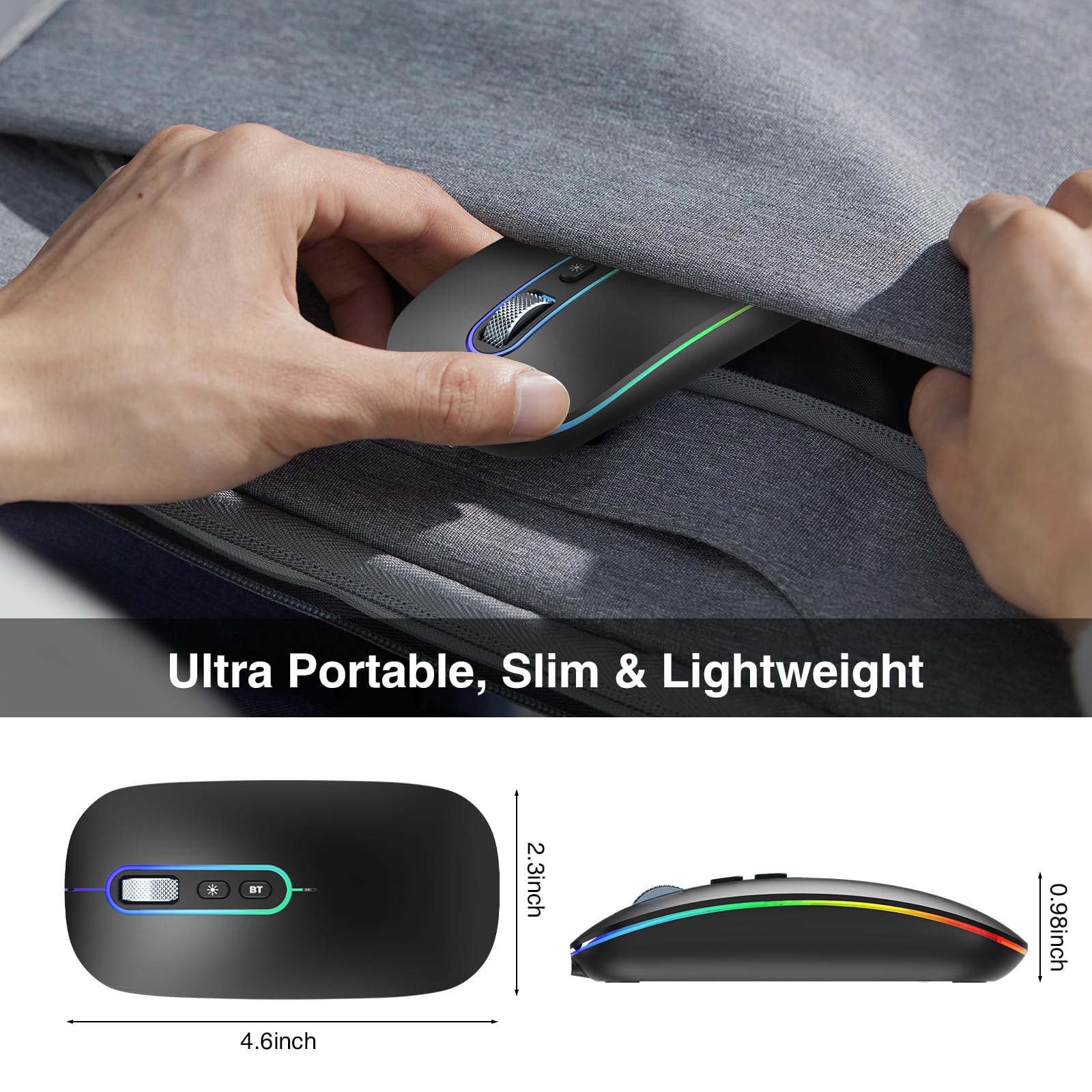 cimetech Bluetooth Maus kabellos (Bluetooth 5.1 + USB 2,4 GHz) LED Dual Mode- Wiederaufladbare Optische Office Funkmaus für Laptop MacBook Air Pro,iPad,Computer,Desktop, Mouse 7