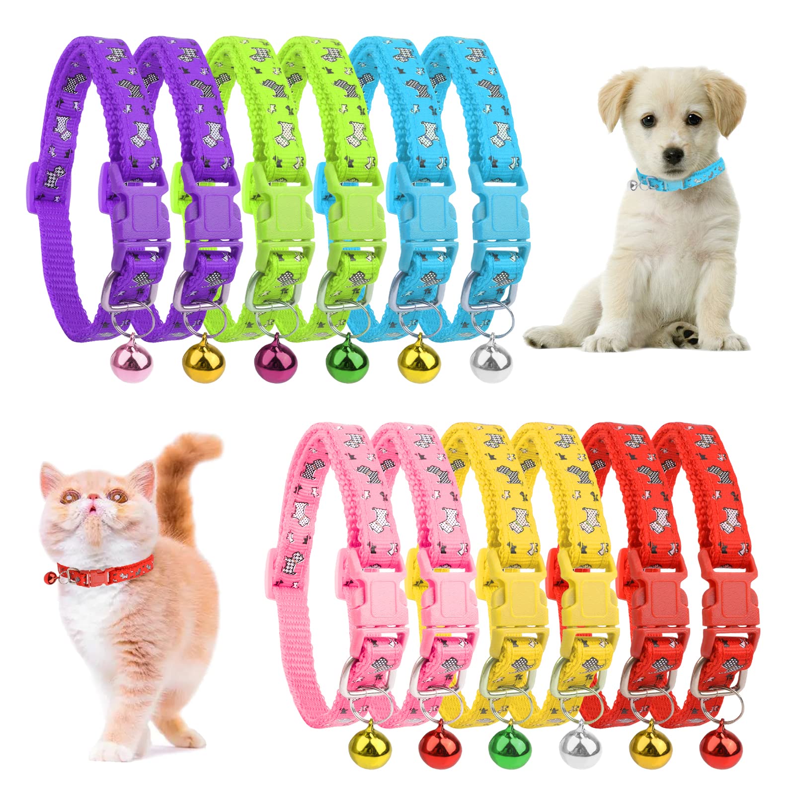 HACRAHO Puppy Whelping ID Collars Set, 12 PCS Colorful Nylon Dog Identification Collar with Puppy Pattern Personalized Adjustable Puppy ID Collar with Bell for Small Dogs Cats
