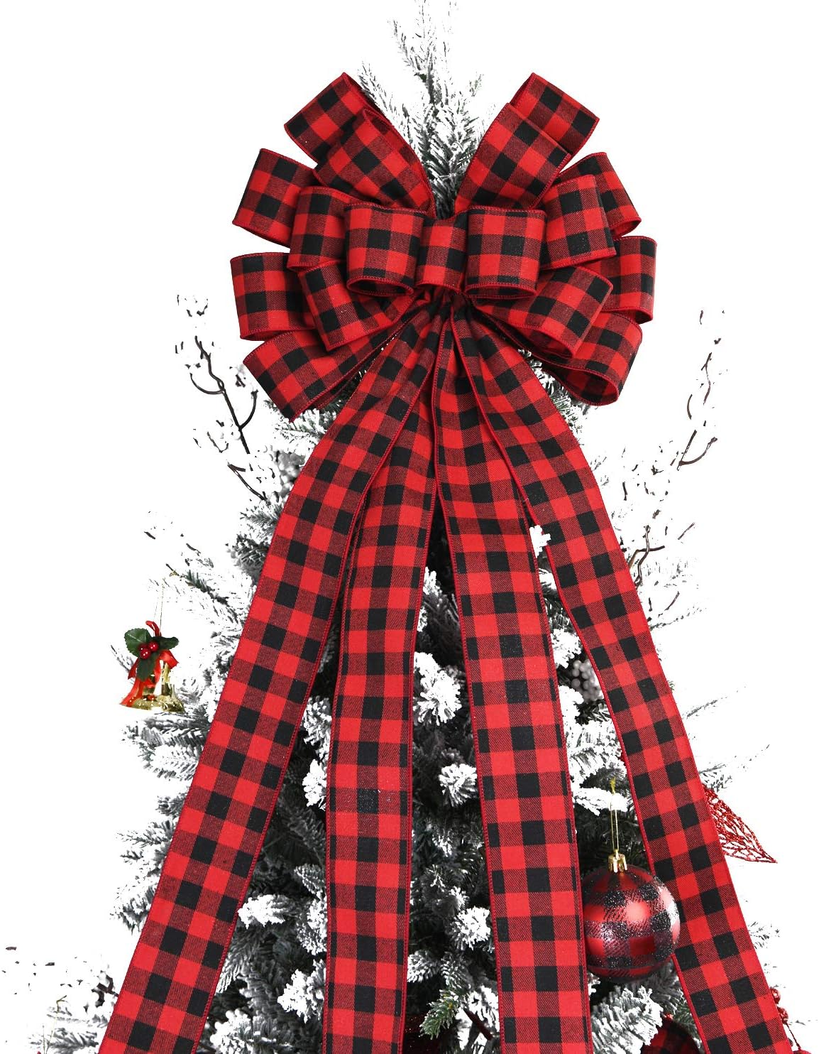 Tree Toppers - Christmas Checked Tree Topper,48x13 Inches Large Toppers Bow,Red and Black Plaid Buffalo Decorative Bows for Christmas Decoration (Red and Black)