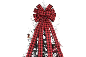 BUVANE Christmas Checked Tree Topper,48x13 Inches Large Toppers Bow,Red and Black Plaid Buffalo Decorative Bows for Christmas Decoration (Red and Black Plaid)