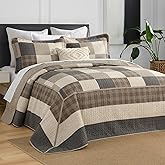 SahSahCasa 120"x102" 100% Cotton Oversized Queen Bedspread Coverlet Quilt Set, Queen Quilted Bedspread Extra Large Quilt, XL Bed Spread Lightweight Comforter, 3pc, Charcoal/Beige/Brown