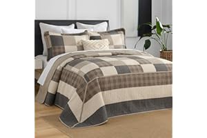 SahSahCasa 120"x102" 100% Cotton Oversized Queen Bedspread Coverlet Quilt Set, Queen Quilted Bedspread Extra Large Quilt, XL Bed Spread Lightweight Comforter, 3pc, Charcoal/Beige/Brown