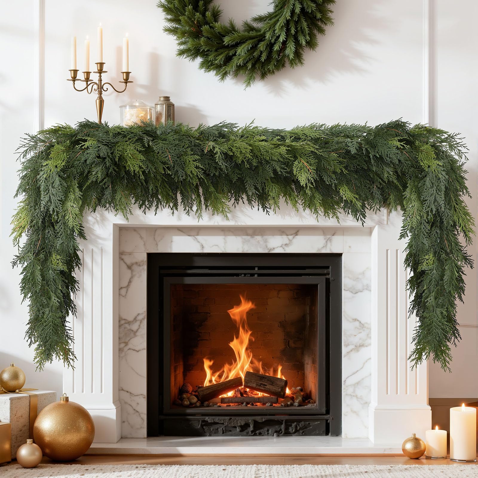 View 1 of SHareconn 2 Pack 9FT Artificial Christmas Cedar Garland Decoration, Realistic Faux Cypress Greenery Garland for Winter Mantle Table Stairs Railing Fireplace Holiday Indoor Outdoor Decor, 9 FT