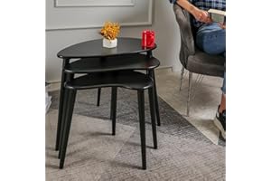 TRIHOME, Solid Nesting Table Set of 3, Birch Mid Century Pebble Tables with Wood Tapered Legs, Portable Modern Coffee Tables, Handmade Home Furniture, Farmhouse, Living Room, Bean, Black
