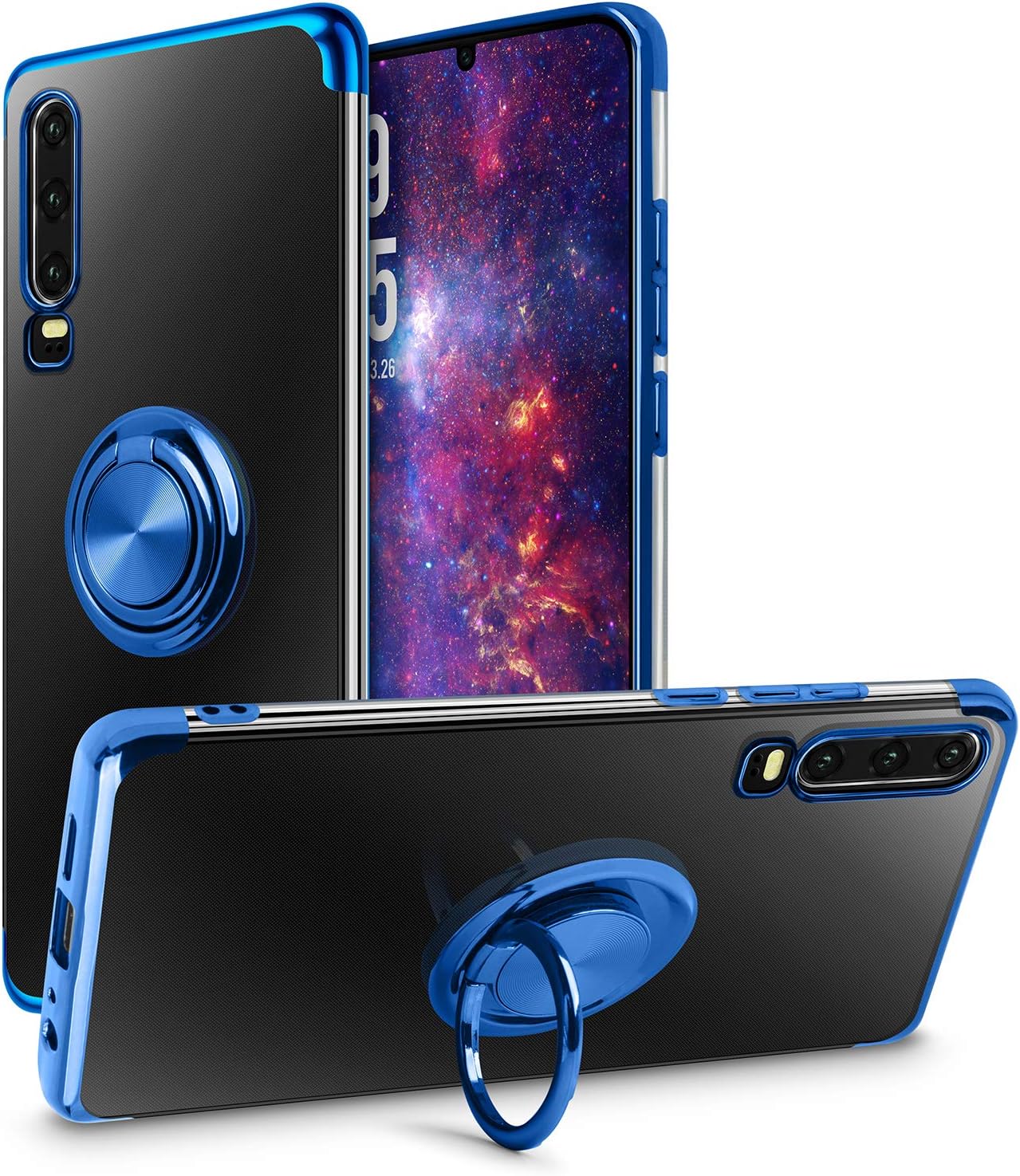 SQMCase Huawei P30 Case, Clear Crystal Slim Soft TPU Cover Shock-absorbing Protective Case with Electroplated Frame Finger Grip Ring Holder Stand [Magnetic Car Mount Feature] for Huawei P30,Blue