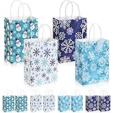 Resholder 48 Pcs Christmas Kraft Paper Gift Bags Bulk Holiday Xmas Snowflake Treat Reusable Bags with Handles for Presents Party Favor Supplies Decor