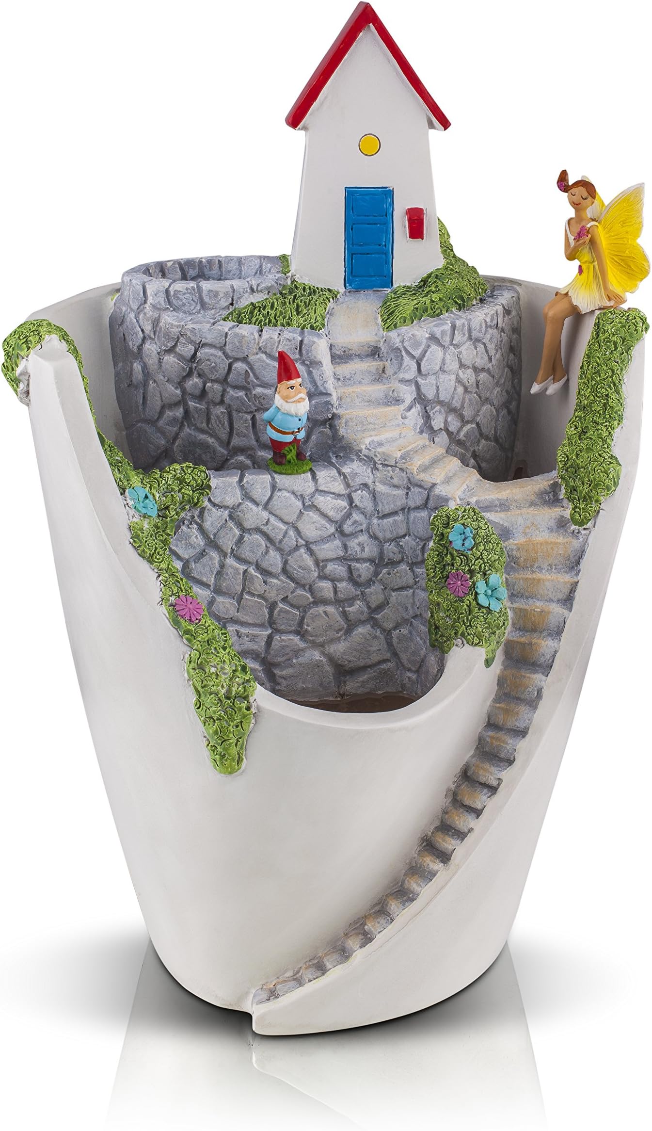 Fairy Garden House Planter Pot for Succulents with Miniature Fairy, Gnome & 2 Fish - Great Gift for Girls