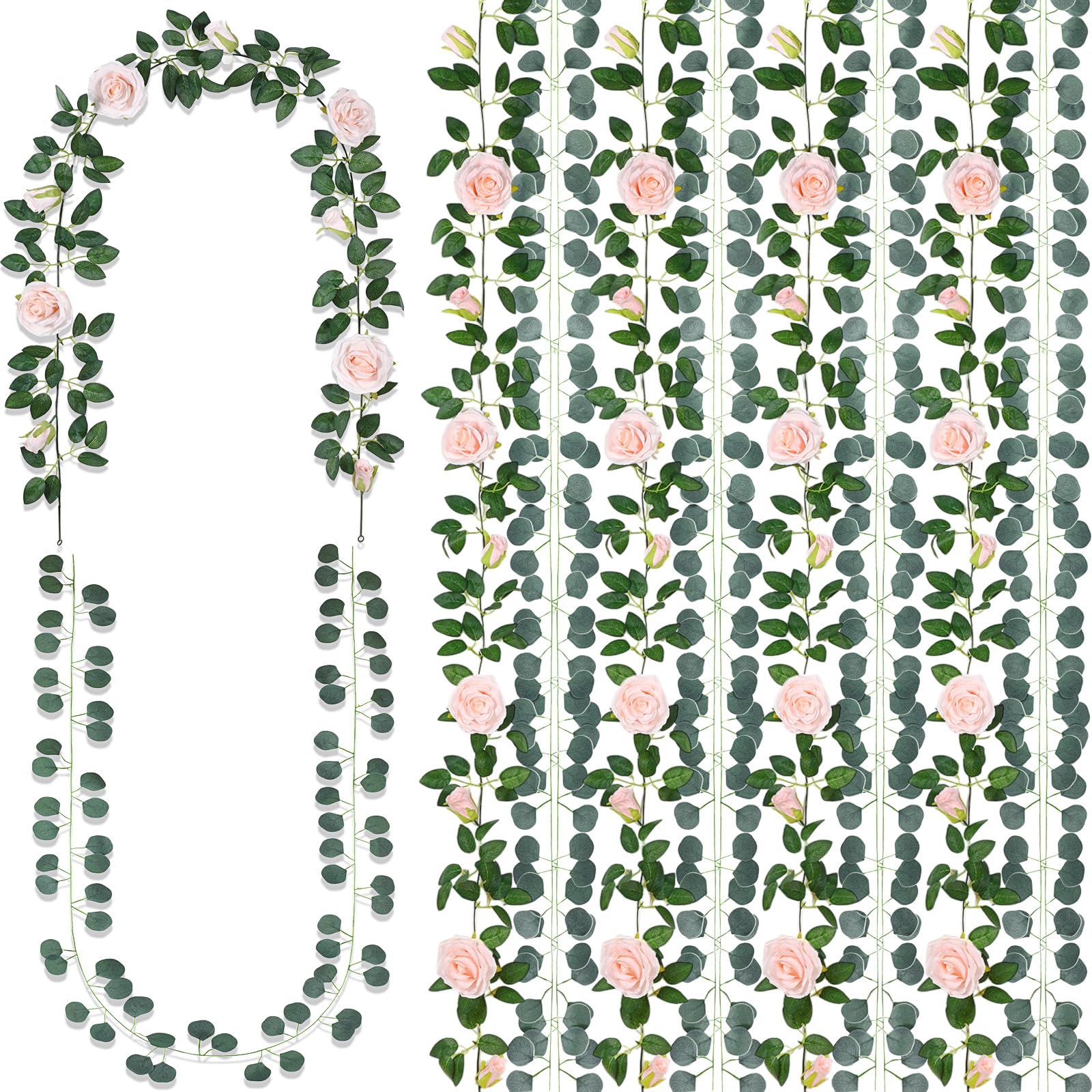 Photo 1 of 10 Pcs 5.6 ft Pink Rose Fake Flower Garland and 10 Pcs 6.6 ft Eucalyptus Garland with Willow Leaves Artificial Silk Rose Flower Vine for Wedding Party Arch Garden Table Wall Baby Shower Decoration
