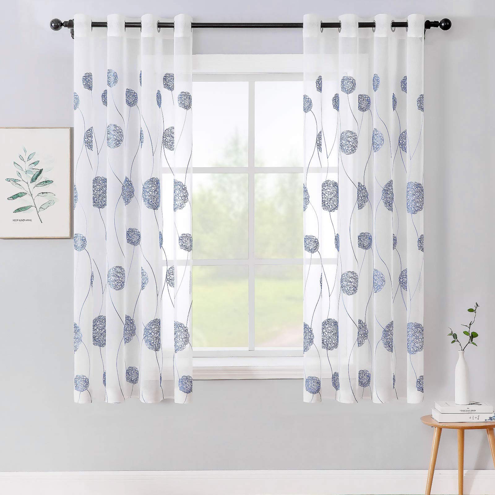 MIULEE Embroidery Sheer Curtains Flora Design Grommet Window Curtain Semi Voile Drapes Panels with Eyelets Window Treatments for Living Room Bedroom 2 Panels 55" W x 63" L Navy