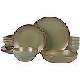Bloomhouse - Oprah's Favorite Things - Palermo Sun Double Bowl Stoneware Reactive Glaze Plates and Bowls Dinnerware Set - Cardamom Green, Service for Four (16pcs)