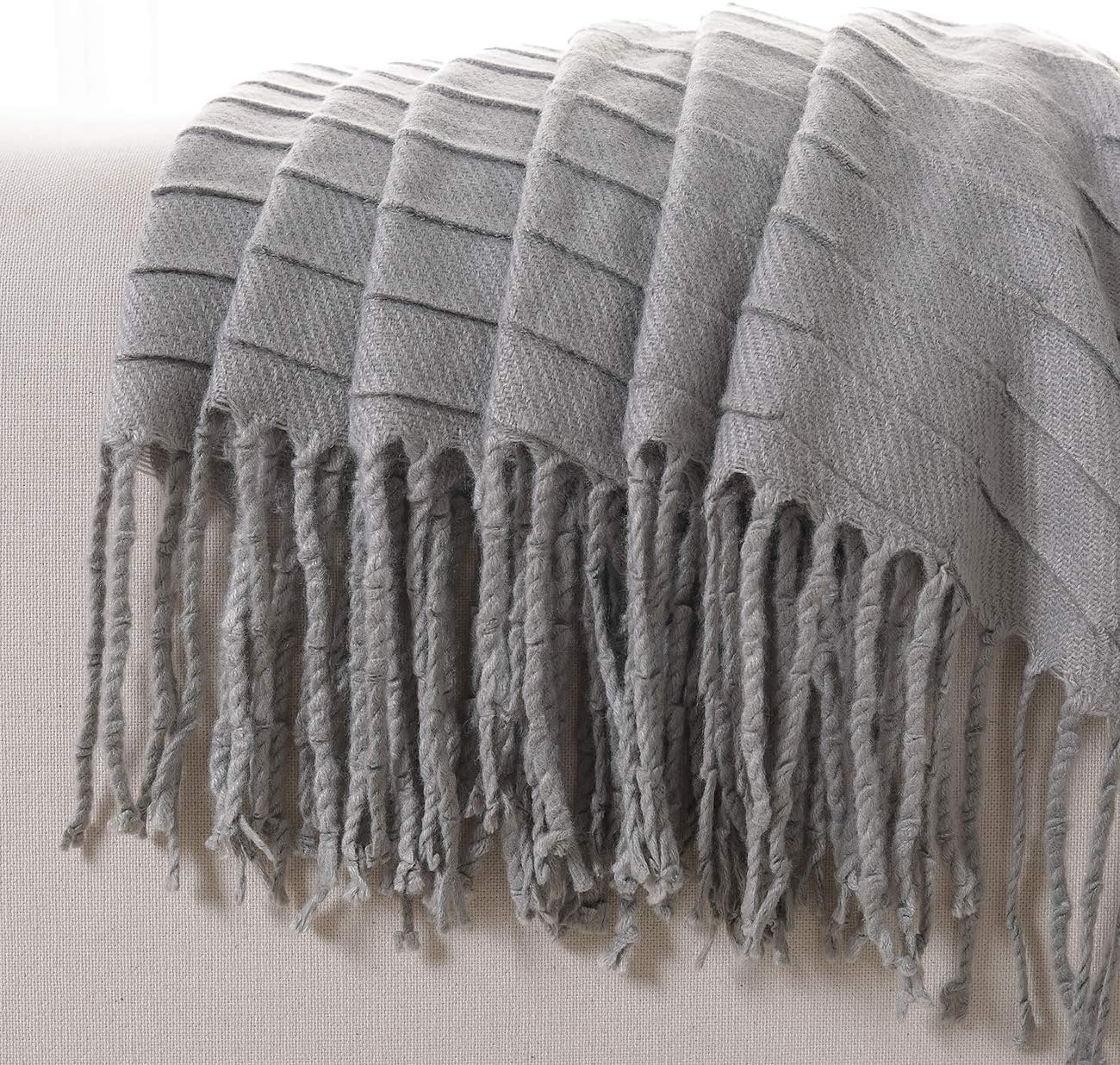 PHF Knit Throw Blanket for Travel Picnic Beach Soft Chunky Cozy Fringed Warm Acrylic Texture Decorative, 50” x 60” Grey: Home & Kitchen