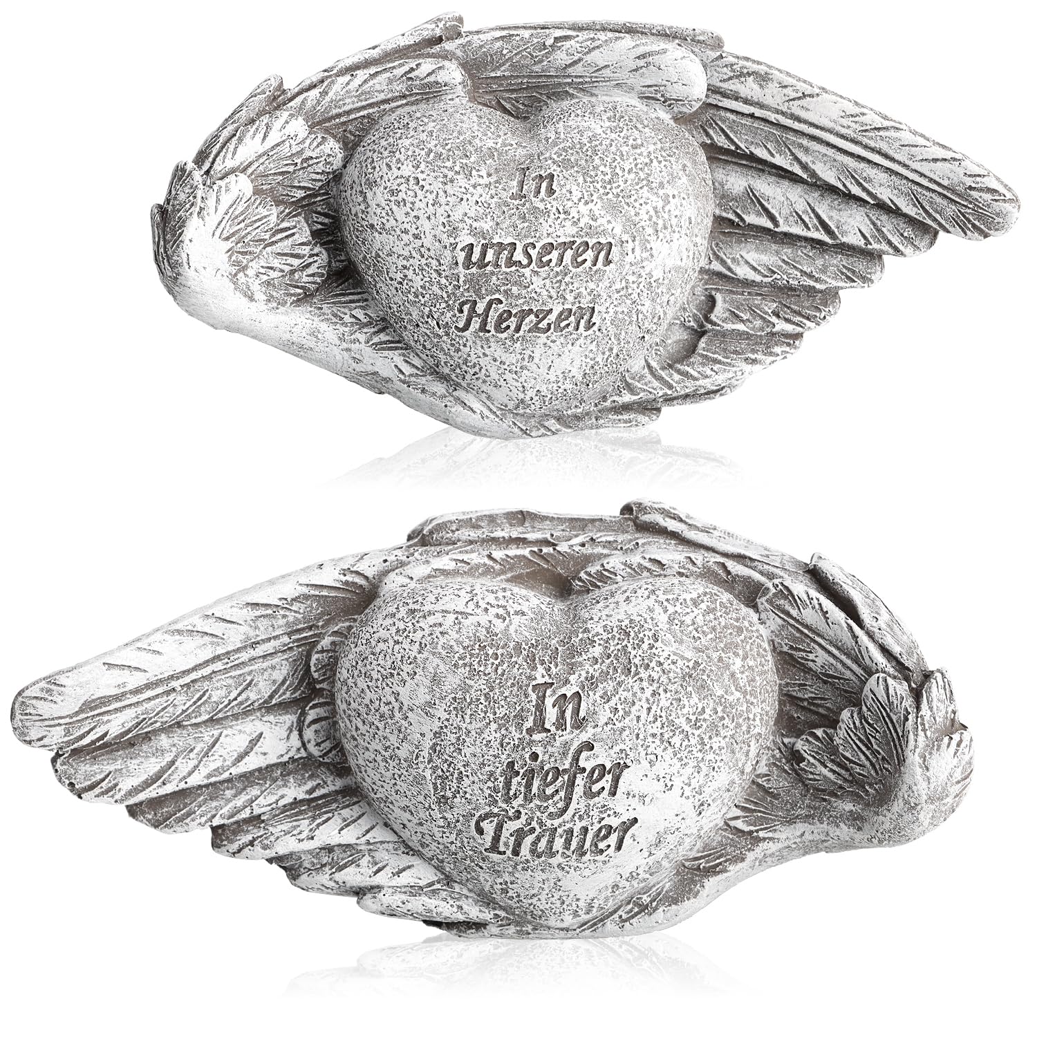 com-four® 2x Grave Decoration Heart with Inscription on Wings - Memorial Stone in Heart Shape on Angel Wings - Weatherproof - Grey