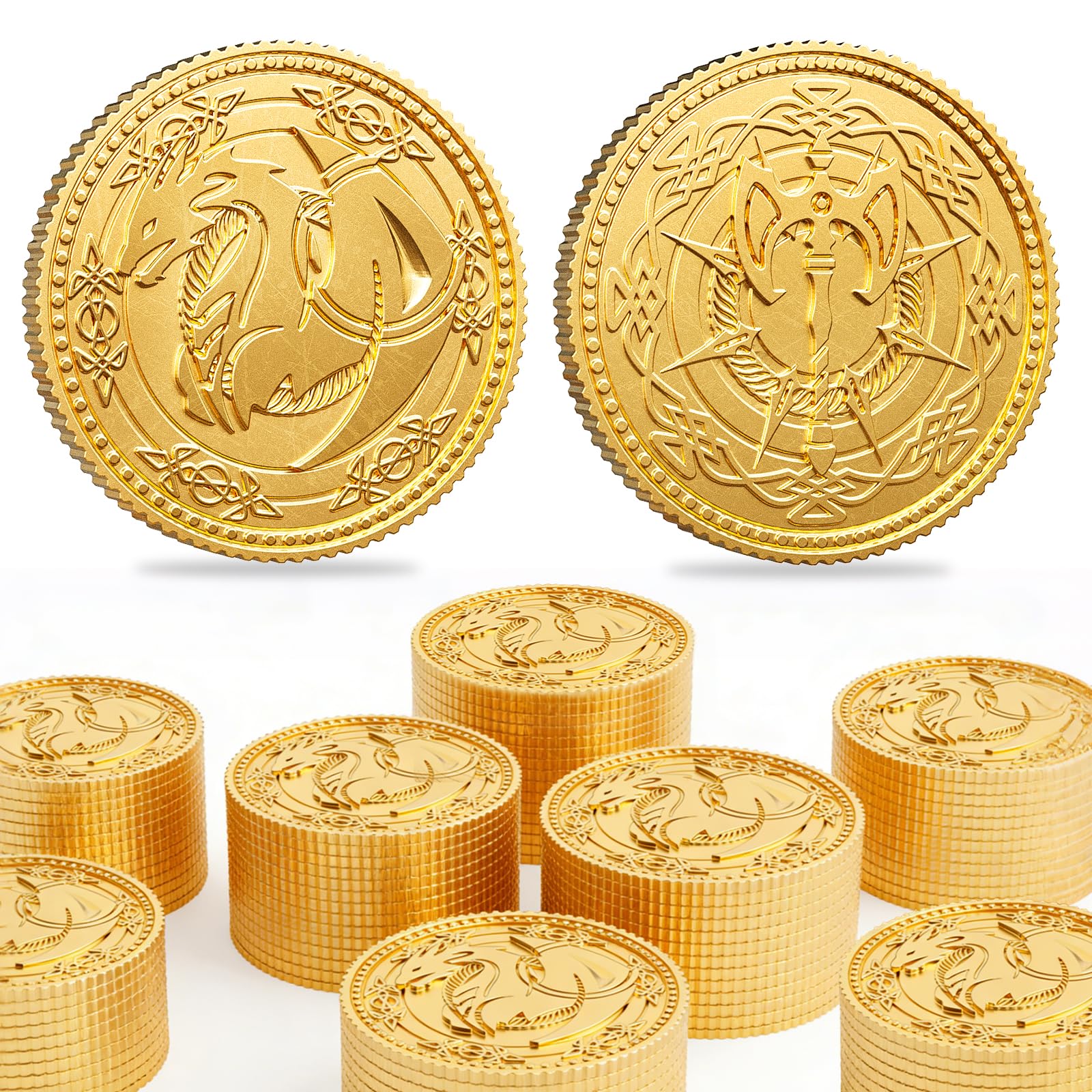 Byhoo Gold Coin 50 PCS, Dragon Yue DND Metal Coins with Leather Pouch, Heavy Duty Zinc Alloy Double-Sided Dragon & Axe Relief Tokens, Fantasy Tabletop RPG Board Game Treasure