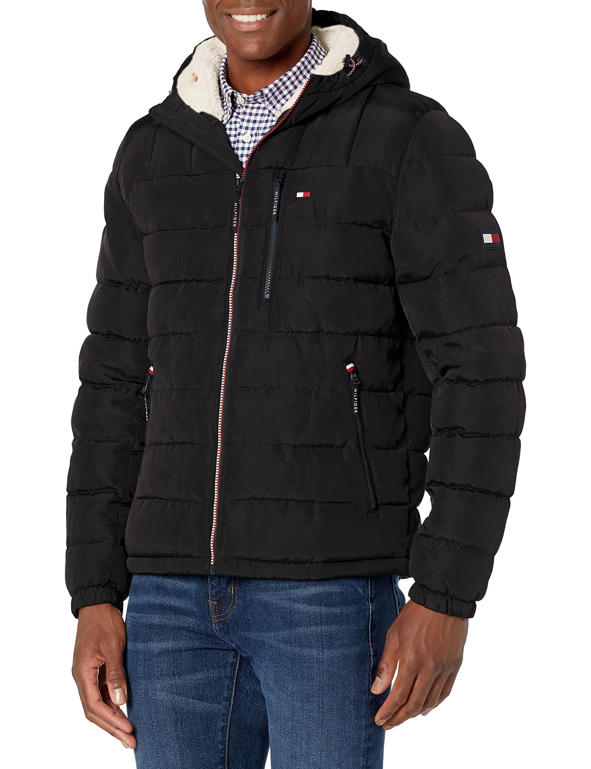 Tommy Hilfiger Men's Midweight Sherpa Lined Hooded Water Resistant Puffer Jacket, Black Tech, Large Image