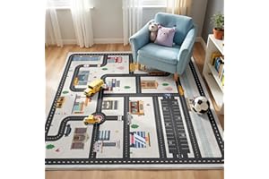 NAYOROOM 5x7ft Kids City Road Car Play Rug - Non-Slip Faux Wool Carpet with Interactive City Map Design, Educational Toy Vehicle Mat for Kids, Bedroom Playroom Nursery Gift.