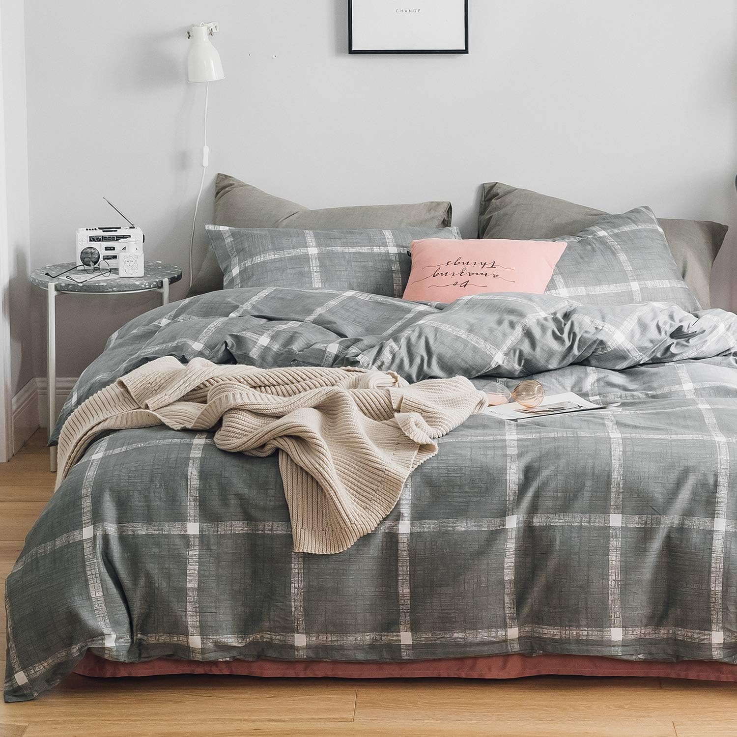 OREISE Duvet Cover Set Full/Queen Size Gray/Grey and White Printed Plaid Pattern Simple Style 100% Cotton Bedding Set (1…