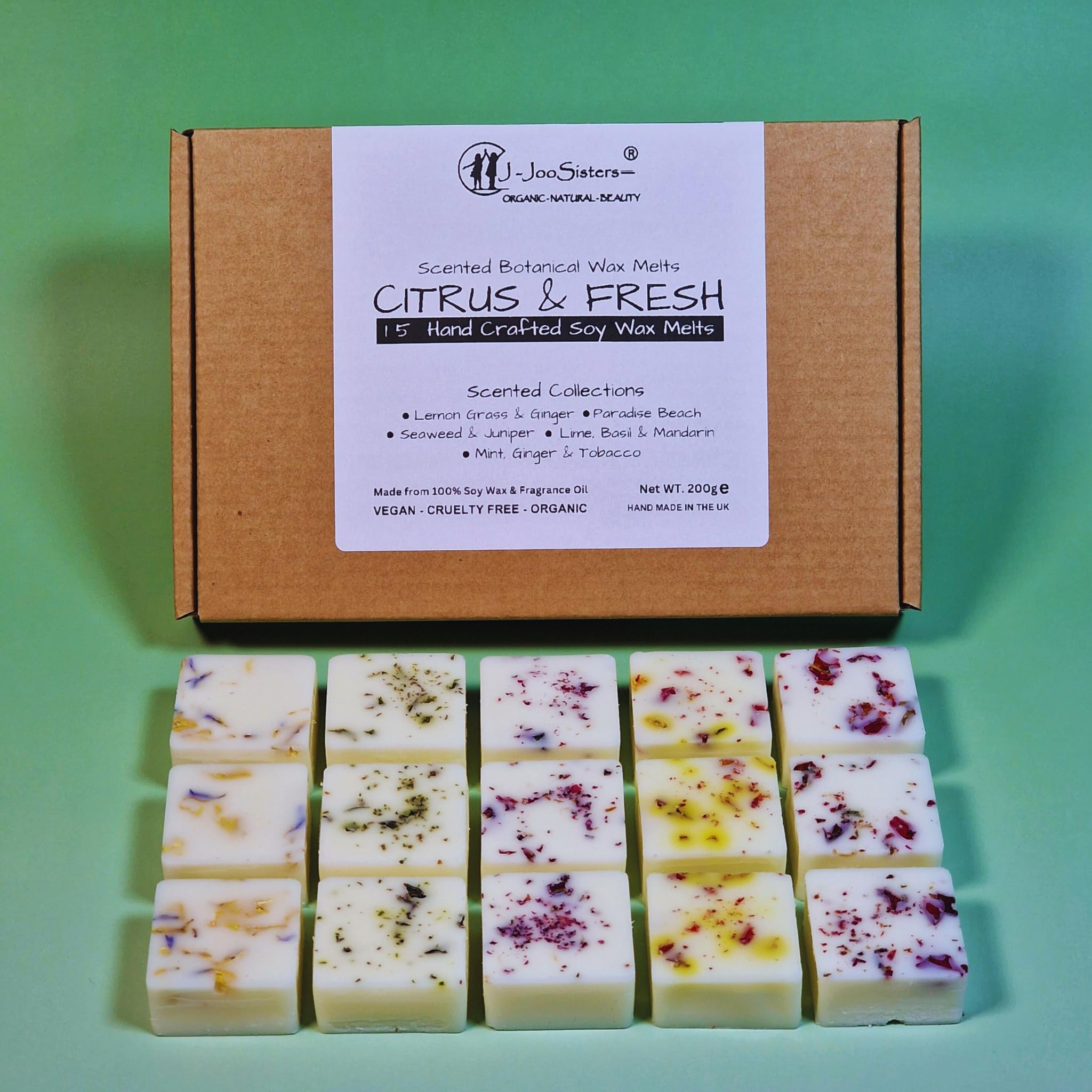 Citrus & Fresh - Highly Scented Botanical Wax Melts Collections (15 x 13.5g Hand Crafted) - Vegan Friendly & Cruelty Free - Plastic Free - Provide 8 to 10hrs scents/cube - Made in the UK