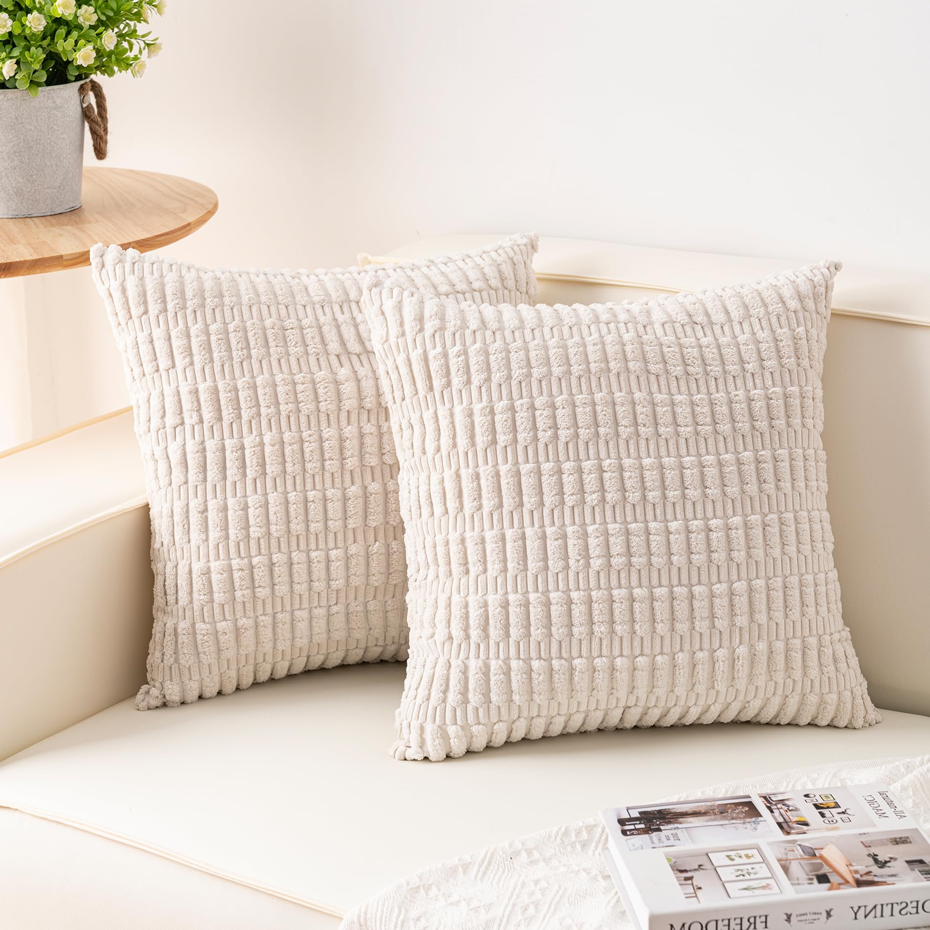 Photo 1 of Aegero Pack of 2 Corduroy Decorative Throw Pillow Covers 18x18 Inch Soft Striped Pillow Covers Modern Farmhouse Home Decor for Sofa Living Room Couch Bed(Cream White)