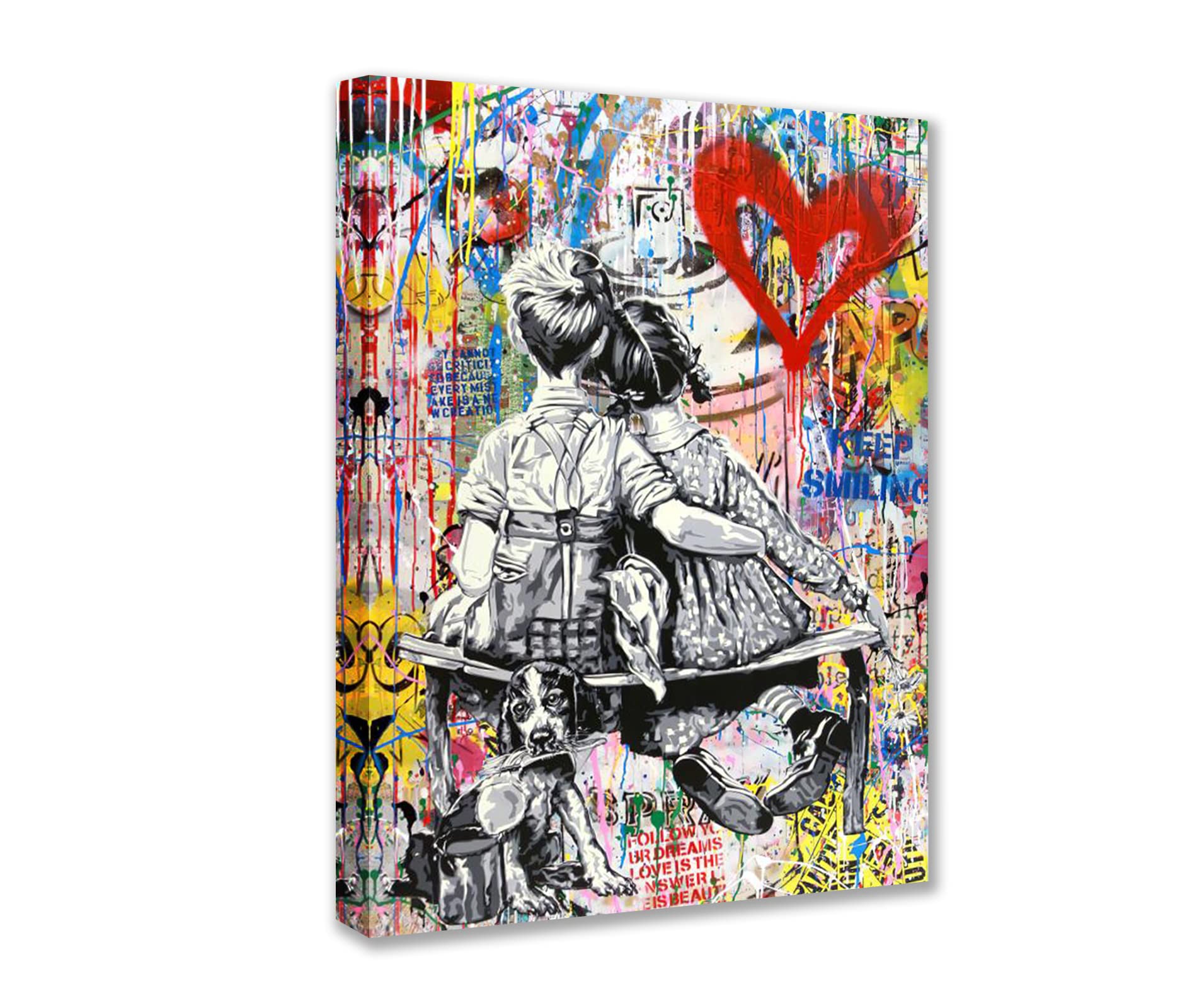 Tucocoo Street Art Canvas Paintings Graffiti Banksy Wall Art Abstract Little Boy and Girl Pictures Modern Artwork Home Decor for Living Room Bedroom Office Framed Ready to Hang 12x16 inch x1 Piece