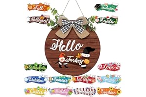 Glenmal 16 Pcs Seasonal Interchangeable Dachshund Door Welcome Sign Cute Wooden Dog Welcome Sign for Front Door Rustic Replaceable Home Porch Sign for Fall Autumn Christmas(Dark Wood Grain)